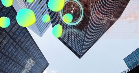 Futuristic interface overlay on skyscrapers symbolizes digital revolution