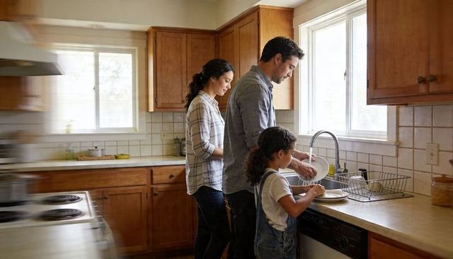 Family doing dishes together in bright kitchen teaching child responsibility and bonding