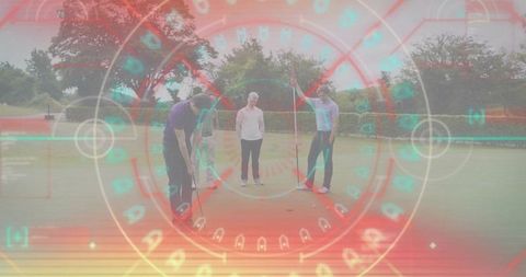 Augmented golf training with four men lining up putt on green and hud tech overlay