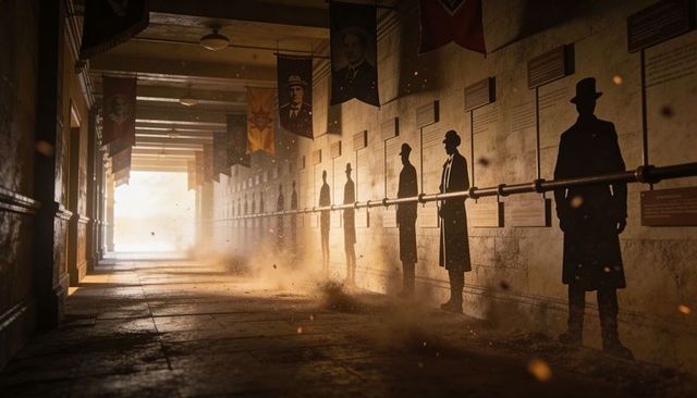 Backlit memorial corridor featuring silhouetted cutouts, banners and dusty sunbeams
