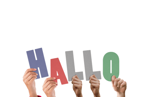 Digital Hands Holding Hallo Text on Transparent Background