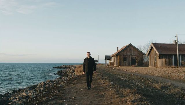 Walking man along rocky shoreline beside rustic wooden cottages at golden hour