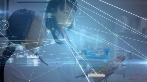 Connected Dots and Graphics Overlay Diverse Female Scientists in Lab