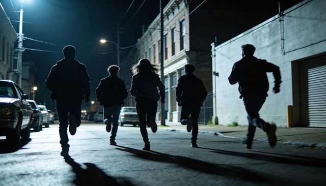 Five silhouetted friends running down dark urban street under streetlight, backlit night drama