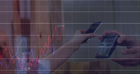 Contactless payment with smartphone and financial graph overlay
