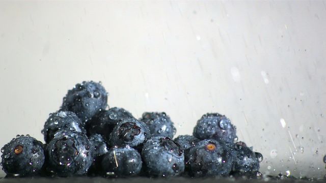 Blueberries being showered with water in slow motion. Perfect for illustrating freshness, healthy eating, and hydration in food advertisements, nutrition blogs, and health-focused content. Use in social media posts, recipes or diet apps.