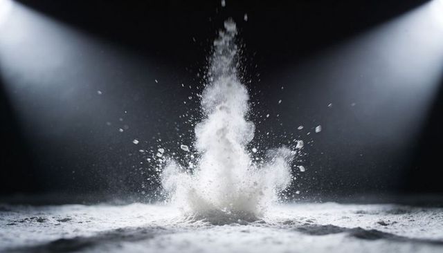 Exploding white powder plume rising from dark studio floor under twin spotlights