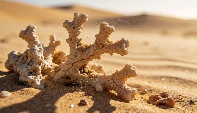 Sunlit bleached coral fragment resting on golden sand with porous texture and pebbles