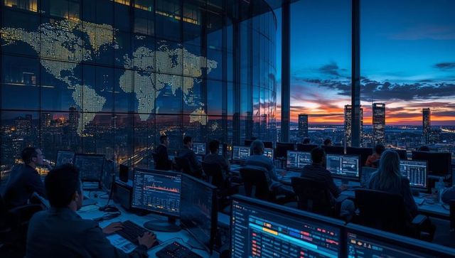 Modern Trading Room with Digital Data Display at Sunset