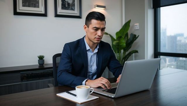 Businessman typing on laptop in modern office, coffee on desk, city view through window