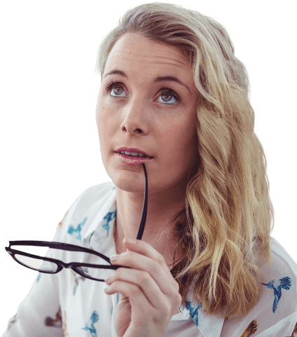 Thoughtful caucasian woman holding glasses on transparent background