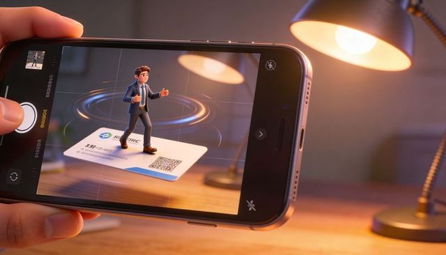Smartphone capturing ar businessman standing on qr code business card under lamp