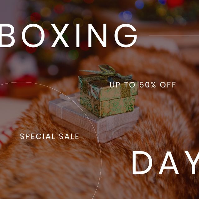 The image conveys a Boxing Day sale advertisement with the text promoting discounts up to 50 percent off. Two wrapped gifts in the background emphasize holiday shopping and special sales events. Ideal for marketing materials, online advertisements, and social media campaigns to attract customers to Boxing Day promotions and retail events.
