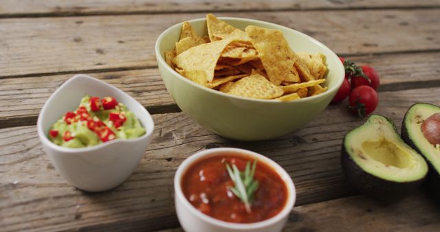 Image of tortilla chips, guacamole and salsa dip on a wooden surface. party food and savoury snacks.