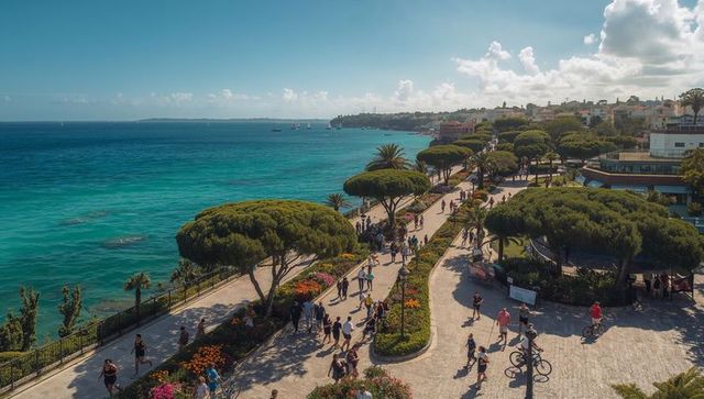 Sunlit mediterranean seafront promenade with pine trees, tourists strolling, cyclists