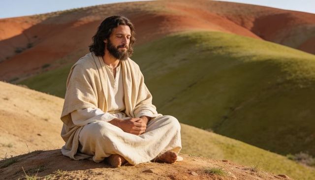 Sitting meditating man in cream robes on hillside at golden hour for spiritual reflection