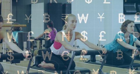 Women practicing pilates on reformer with currency symbols overlay