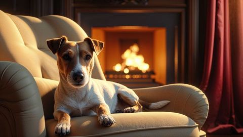 Small dog relaxing on armchair by cozy fireplace