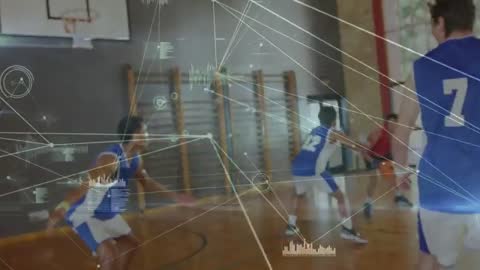 High school basketball defense contesting jump shot with augmented analytics HUD overlay
