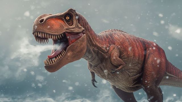Ferocious tyrannosaurus rex roaring in snowy wilderness