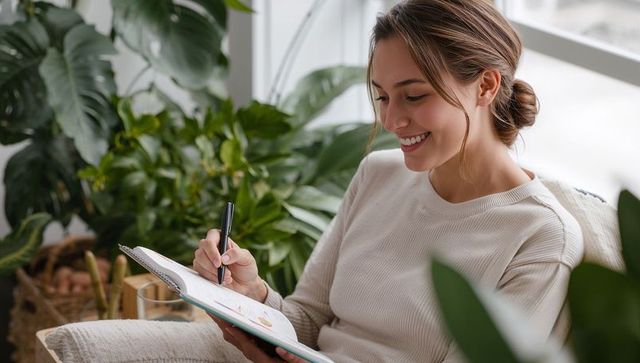 Smiling woman journaling in sunlit plant-filled nook, cozy home lifestyle and mindfulness
