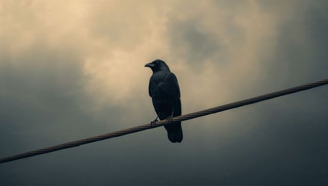 Silhouette of crow perched on wire against moody sky