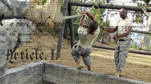 Diverse Soldiers on Obstacle Course with Constitution Overlay