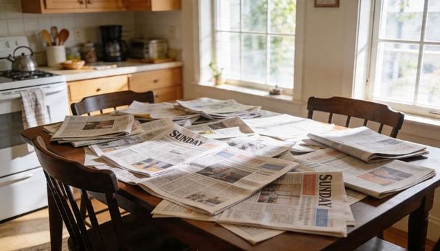 Morning newspapers spreading across rustic wooden kitchen table, sunlight streaming windows