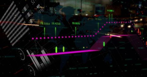 Digital Data Overlay on World Map in Night Cityscape