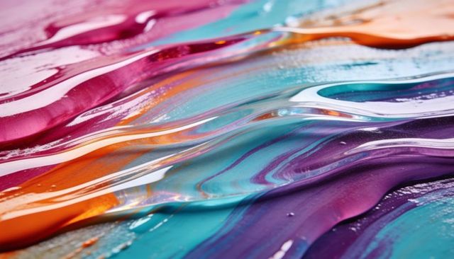 Glossy poured resin ribbons magenta teal orange purple creating flowing marbled texture