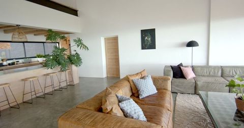 Contemporary Living Room with Leather Sofa and Kitchen Island