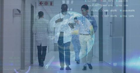 Medical Team Walking in Hospital with Technological Overlay
