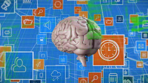 Digital Brain with Media Icons on Technological Background