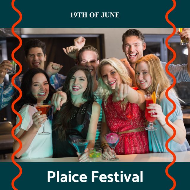 Friends gathered at a bar or party venue are celebrating Plaice Festival on June 19th. This image captures the joyful and energetic atmosphere of a festive event, with lively drinks and social interactions. Ideal for advertising community events, nightlife promotions, summer festivals, or social media content emphasizing friendship and celebration.