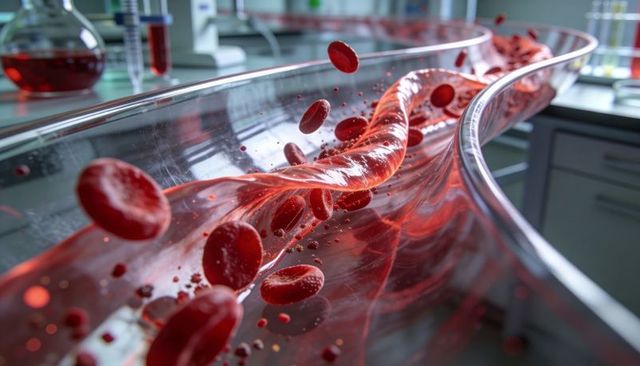 Flowing red blood cells in curved microfluidic channel on lab bench, biomedical research