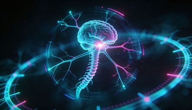 Neon brain and spinal cord glowing in cyber hud, visualizing ai neural network