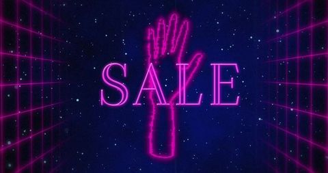 Retro Futuristic Neon Sale Announcement with Wireframe Hand