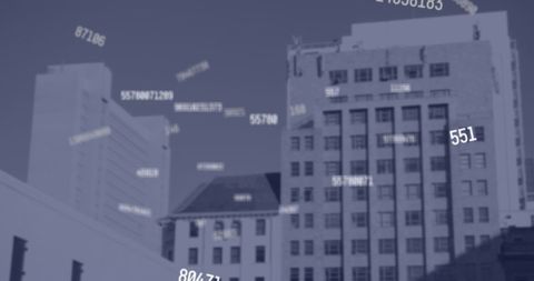 Falling numbers over cityscape representing digital economy