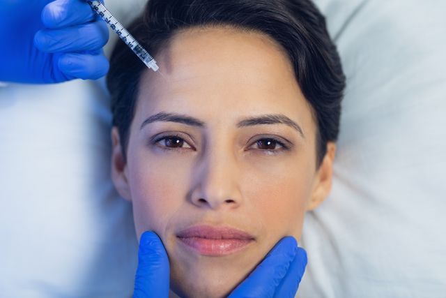 Woman receiving an injection to her face, performed by a medical professional wearing blue gloves. Image can be used in healthcare articles, cosmetic surgery promotions, beauty treatment ads, or medical blogs discussing aesthetic procedures.