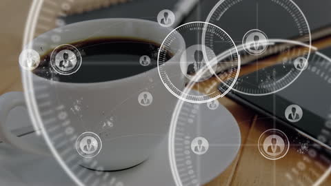 Futuristic Menu Interface with Coffee and Gadgets