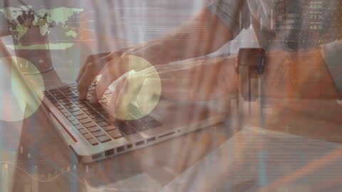Businessman Analyzing Financial Data on Laptop with Digital Overlays