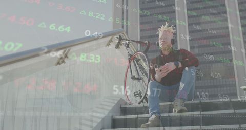 Albino man with bike focusing on financial growth