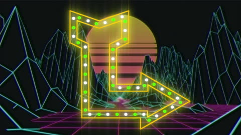 Retro Futuristic Arrow with Neon Digital Mountains