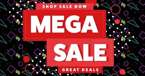 Mega sale retro neon geometric banner with scarlet panels and bold white typography