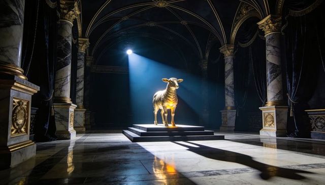 Gilded lamb sculpture bathed in spotlight on marble pedestal in opulent baroque hall
