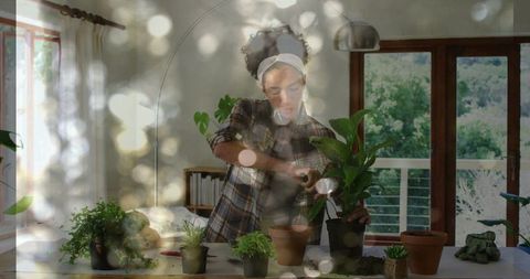 Woman tending houseplants by sunlit sliding door, potting soil and terracotta planters