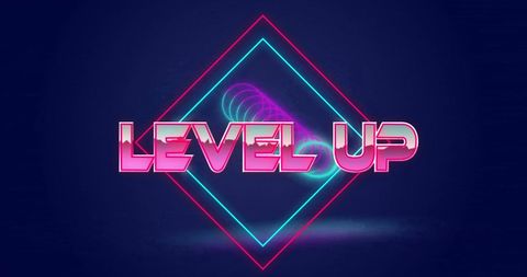Futuristic Neon Level Up Sign on Dark Background