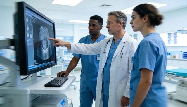 Physician pointing at ultrasound scan while medical team analyzing monitor
