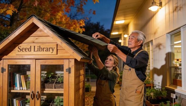 Senior asian volunteer and young gardener fitting roof on community seed library cabinet at dusk