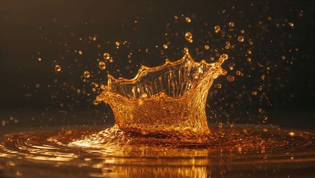 Dynamic amber droplet splash on mirror surface